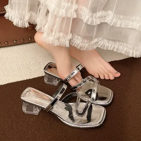 粗跟银色凉拖鞋女2025夏季新款时尚网红法式百搭拖鞋仙女气质凉鞋商品大图