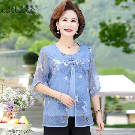妈妈夏装2023新款洋气假两件雪纺上衣中老年女装奶奶夏季老人衣服商品大图
