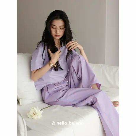 贝妍睡衣女夏薄款纯棉短袖长裤套装新款时尚少女ins风休闲家居服商品大图