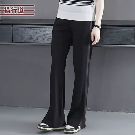 2023夏季新款简约松紧腰拼色宽松阔腿长裤大码外穿女装妈妈休闲裤图片