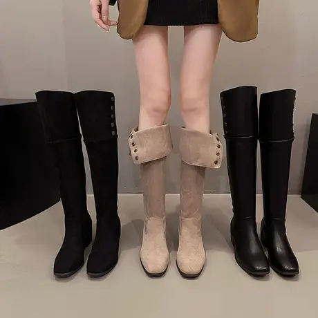 长筒靴女2023春秋季新款小个子显瘦炸街西部牛仔靴粗跟复古骑士靴商品大图