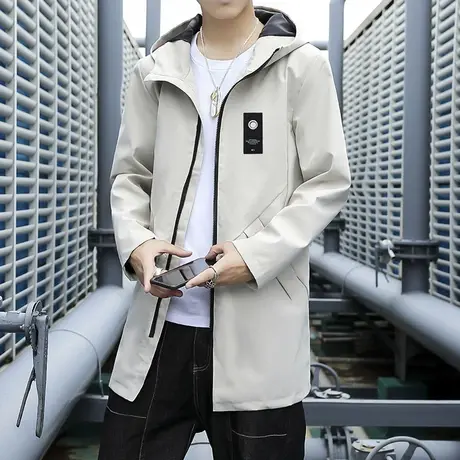 风衣男韩版中长款潮流帅气春秋薄款黑色冲锋衣休闲夹克工装外套男商品大图