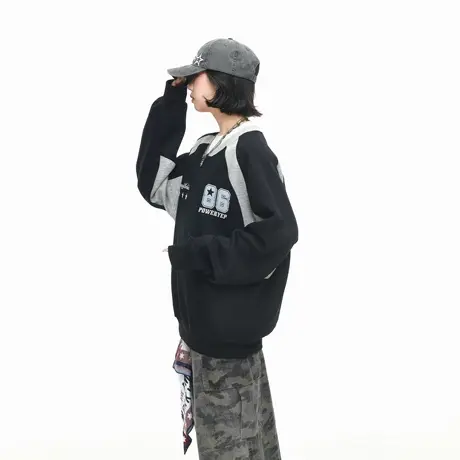 美式高街创意印花拼接V领卫衣女春秋新款宽松休闲运动风情侣上衣商品大图