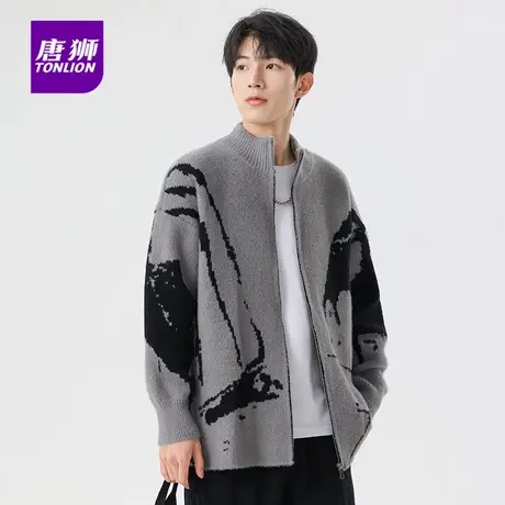 唐狮情侣款秋季薄外套男士立领黑色休闲针织衫潮女开衫毛线上衣AP图片