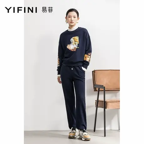 Yifini/易菲蓝色休闲宽松卫裤女秋冬新款纯棉束脚运动休闲裤商品大图