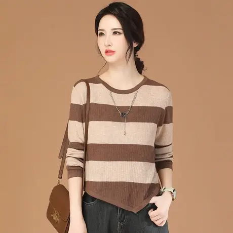 韩潮袭人圆领长袖条纹打底衫针织衫女2023秋季新款宽松百搭毛衣商品大图