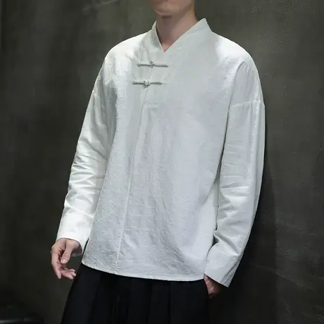 春夏季长袖T恤男中国风提花古风复古盘扣宽松棉打底衫男装禅修服商品大图