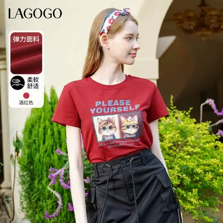 LAGOGO酒红色小猫印花可爱T恤女拉谷谷春季新款显白透气短袖上衣商品大图