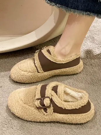 毛毛鞋女外穿2022年冬季新款森系复古勃肯鞋平底豆豆鞋女加绒棉鞋商品大图