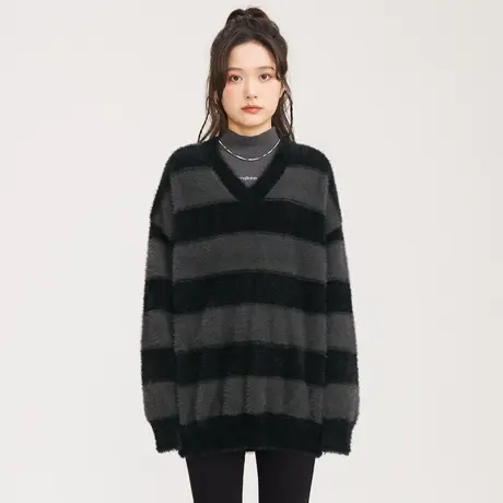尔给复古中长款v领条纹针织毛衣女秋冬加厚新款慵懒风宽松外穿商品大图