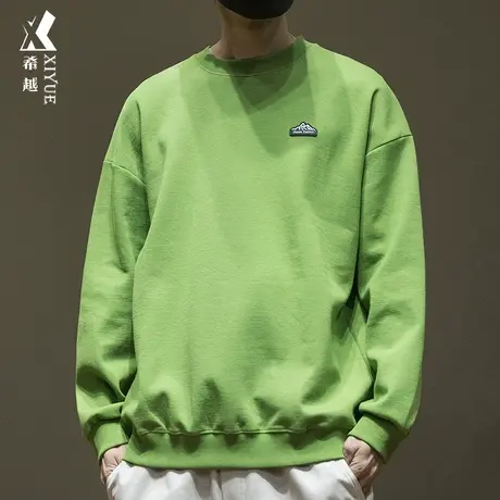 牛油果绿重磅卫衣秋季男款日系圆领长袖宽松大码370g套头打底衫潮商品大图