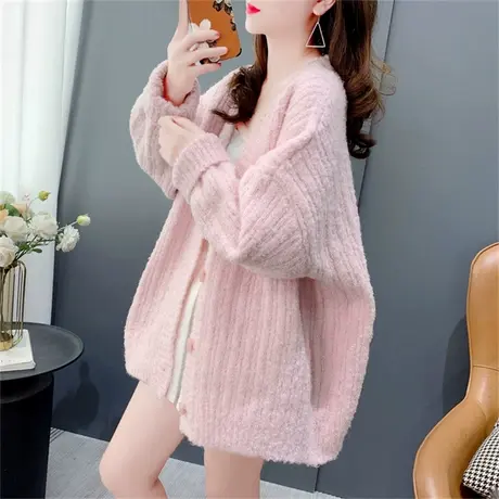 温柔风加厚V领毛衣开衫女秋冬2023年新款宽松慵懒风百搭针织外套商品大图