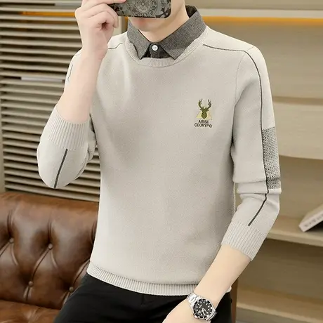 高端加厚鹿头毛衣男士秋冬季休闲衬衫领线衣潮流假两件针织打底衫商品大图