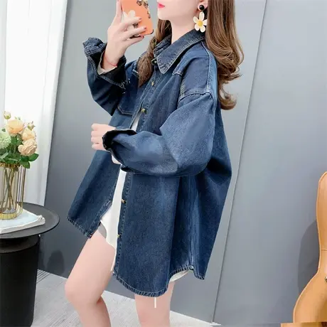 宽松bf风牛仔衬衫女2023冬季新款港味复古加绒加厚百搭衬衣外套潮商品大图