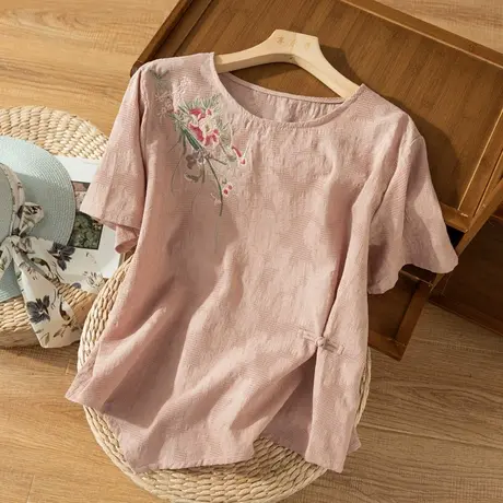短袖刺绣宽松百搭棉麻T恤2022夏季新款薄款文艺复古亚麻上衣绣花商品大图