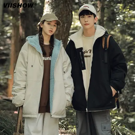 VIISHOW双面穿羊羔绒棉衣男冬季加绒加厚棉服宽松工装连帽外套男商品大图