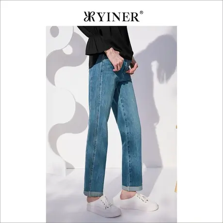 音儿美地女装2022秋季新款高腰直筒裤复古卷边牛仔裤商品大图