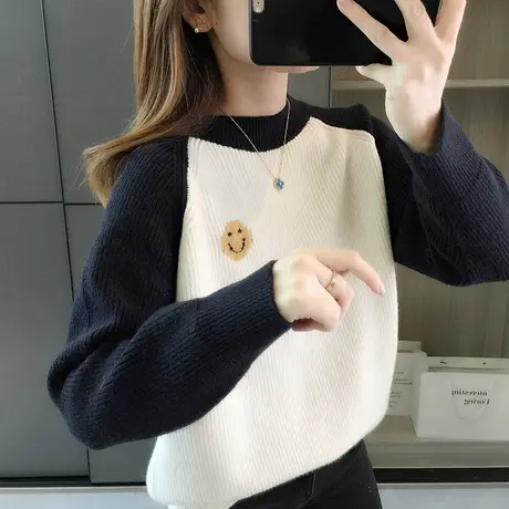 半高领毛衣女秋冬季拼色打底衫衫慵懒风宽松外穿上衣减龄针织衫商品大图