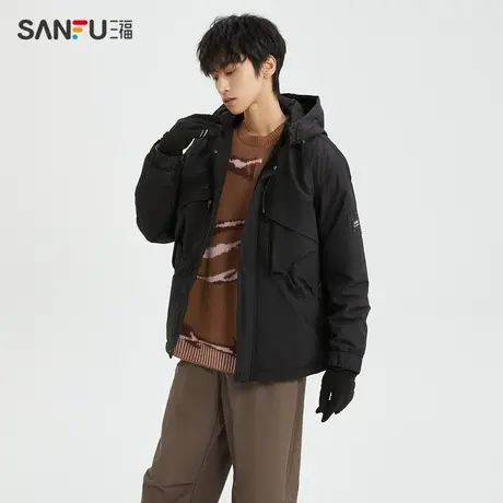 三福2023冬男士撞色拼接机能短棉衣 时尚宽松连帽外套男477661图片
