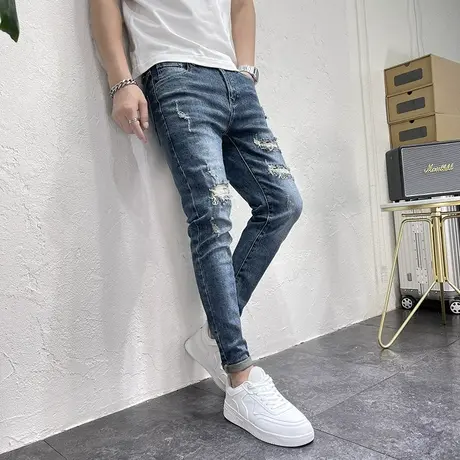 2023秋冬新款乞丐破洞牛仔裤韩版修身个性小脚裤男潮微弹铅笔裤子商品大图