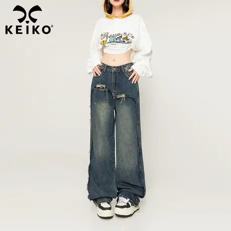 KEIKO 酷感剪破直筒牛仔裤女2023秋冬遮胯显瘦垂感阔腿裤拖地长裤商品大图
