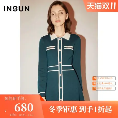 恩裳COVER春秋季时尚简约拼色设计法式优雅针织POLO连衣裙图片