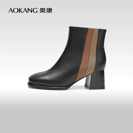【门店发货】奥康女鞋 2023冬季新款英伦风切尔西靴时尚拼色短靴商品大图