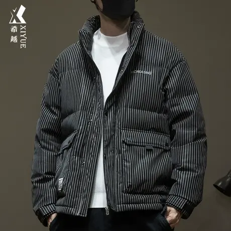 希越新款鸭绒立领羽绒服男冬季ins潮外套宽松大码男士条纹面包服商品大图