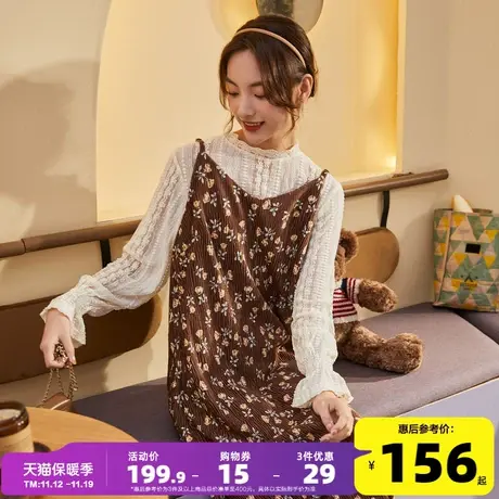 唐狮2022早春新款连衣裙灯芯绒碎花吊带裙蕾丝打底衫两件套套装裙图片