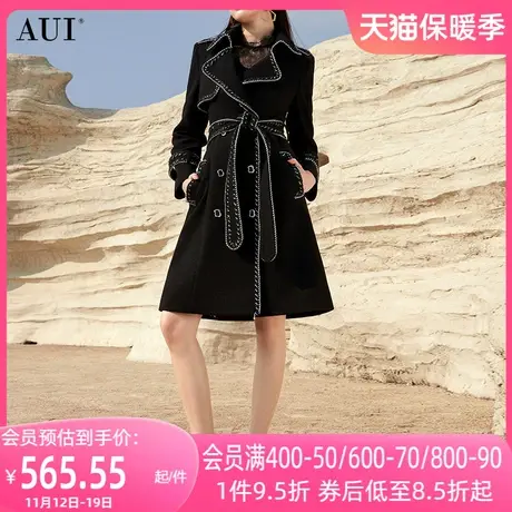 AUI欧美风黑色御姐气质中长款毛呢外套女2023冬新款修身呢子大衣图片