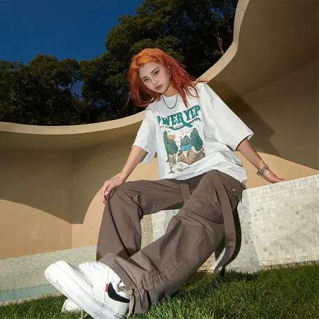 YEP2023新款纯棉短袖t恤女灰色夏季街头美式复古宽松潮牌半袖上衣商品大图