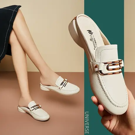 清仓粗跟拖鞋女式皮拖低跟真皮外穿半包头半拖夏季凉拖女商品大图