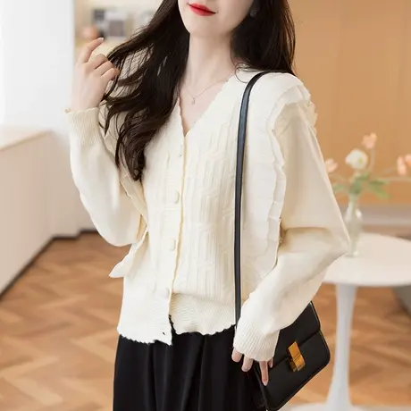 23079新款韩版宽松V领纯色拼接雪纺毛衣开衫毛衣外套上衣女士商品大图