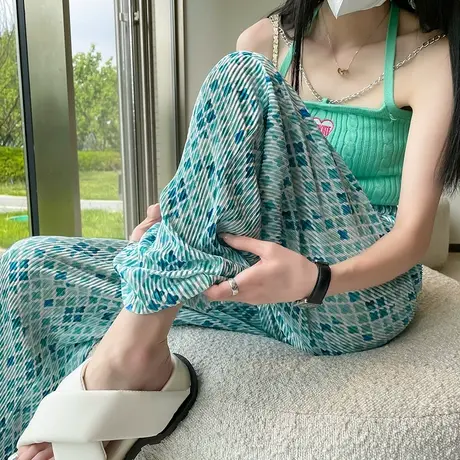 绿色冰丝阔腿裤女夏季薄款高腰垂感拖地直筒宽松休闲花裤子褶皱裤图片