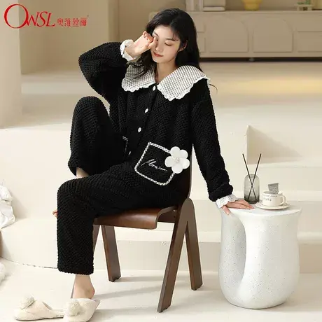 珊瑚绒睡衣女冬季甜美韩版慵懒风保暖加厚加绒家居服套装商品大图
