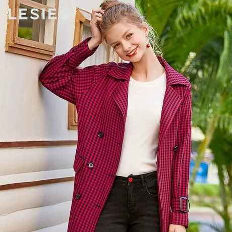 蓝色倾情春秋季女装新款小个子风衣女格子翻领系带长袖中长款外套图片