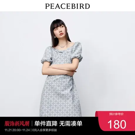 太平鸟印花牛仔连衣裙2023年夏季满印胸前扭结泡泡袖裙子女奥莱图片