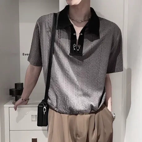 夏季男t恤polo衫短袖拼色翻领修身半袖刺绣潮流麻花条纹原宿体恤商品大图