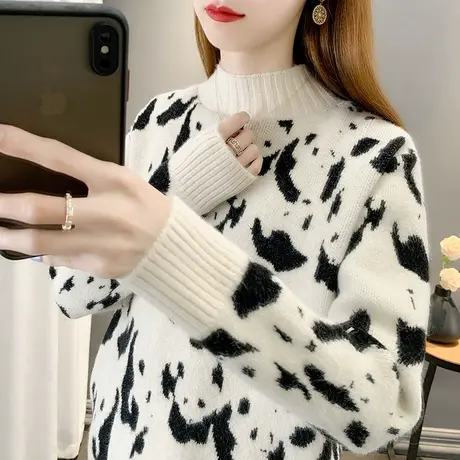 2023春装新款韩版宽松半高领长袖卡通针织衫女士毛衣打底衫上衣女图片