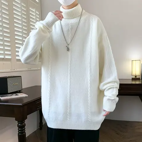 高领毛衣男秋冬季新款加厚保暖套头打底针织衫潮牌纯色慵懒毛线衣商品大图
