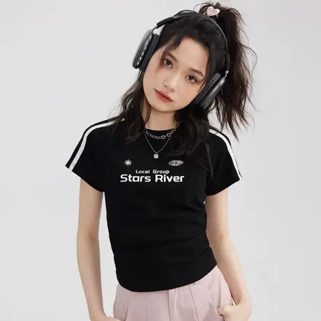 尔给正肩短袖短款t恤女夏季2023新款圆领修身小众独特短款上衣商品大图