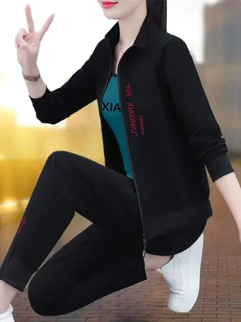 恋上17号立领外套三件套女2023年春秋新款洋气时尚休闲运动服套装商品大图