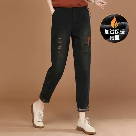 韩潮袭人民族风松紧腰贴布加绒牛仔裤女冬季新款宽松哈伦裤子商品大图