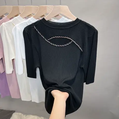 圆领冰丝针织衫女2023春夏秋新款打底衫镂空外穿上衣中袖薄t恤衫商品大图