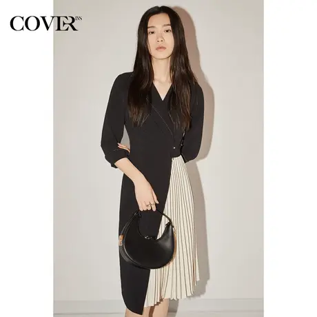 COVER秋季撞色拼接压褶西装连衣裙图片