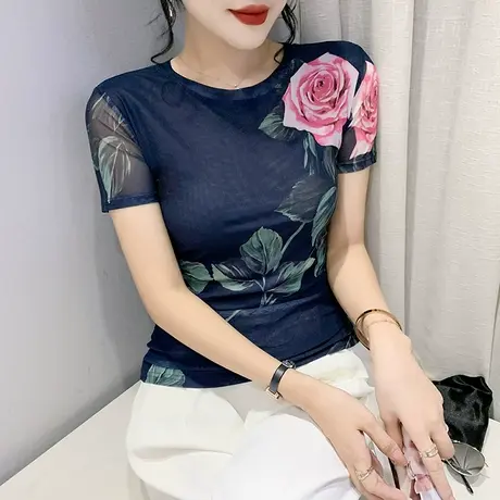 性感网纱T恤女短袖2024夏季新款复古印花上衣洋气圆领小衫半袖ins商品大图