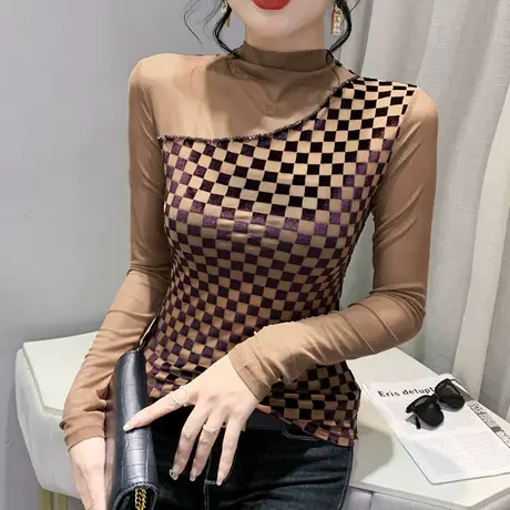 网纱拼接打底衫女士欧货春秋钉珠性感气质上衣漂亮半高领T恤长袖图片