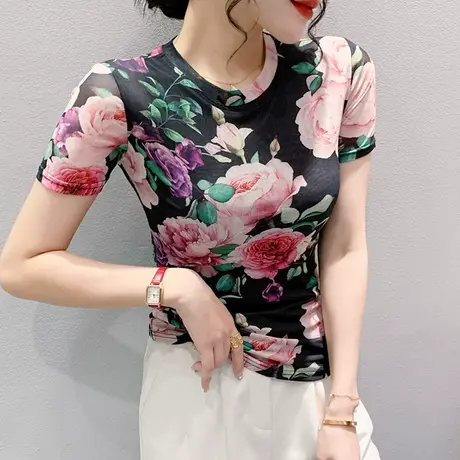 气质减龄印花T恤女短袖2024夏季新款性感网纱上衣洋气修身小衫ins图片