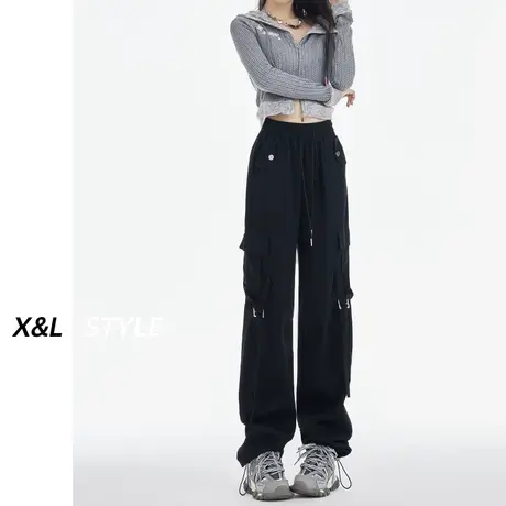 黑色工装裤女秋2023新款春秋高腰显瘦松紧腰美式直筒百搭休闲裤子图片