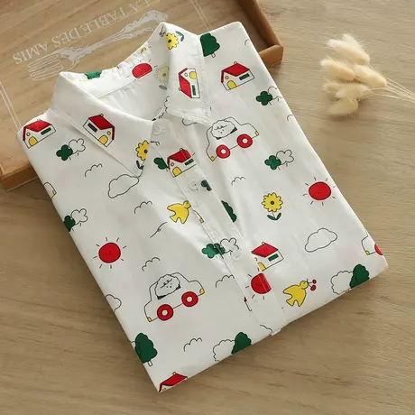 秋季日系文艺小清新可爱印花纯棉长袖衬衫女学生宽松休闲打底上衣商品大图